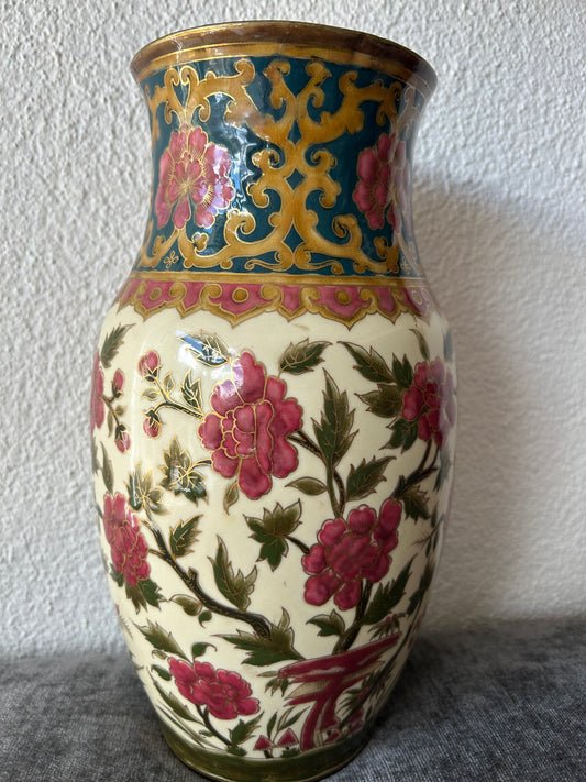 Zsolnay Hand-Painted Porcelain Flower Vase – Floral & Scrollwork Decoration, Pécs Hungary, c.1880–1920