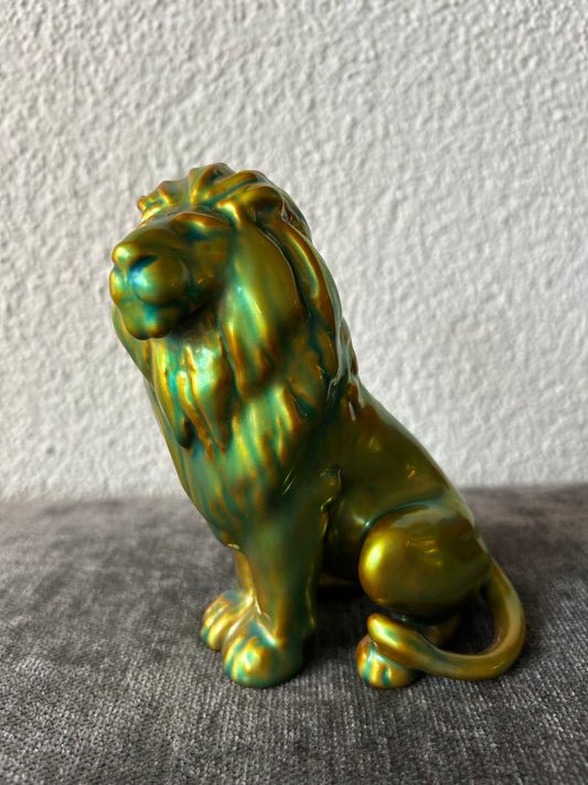 Zsolnay Eosin Lion Figurine – Iridescent Green-Gold Glaze, Hungary c.1890s [SOLD]