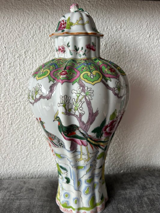 Chinese Famille Rose Porcelain Lidded Vase – Peacock & Prunus Meiping Form