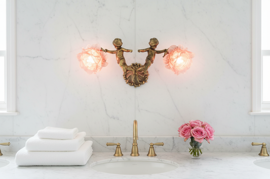 Home staging: French Rococo Revival brass cherub wall sconce with pink peony shades in an elegant French bathroom with white towels