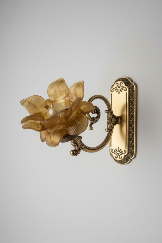 Art Nouveau brass wall sconce — front neutral grey background