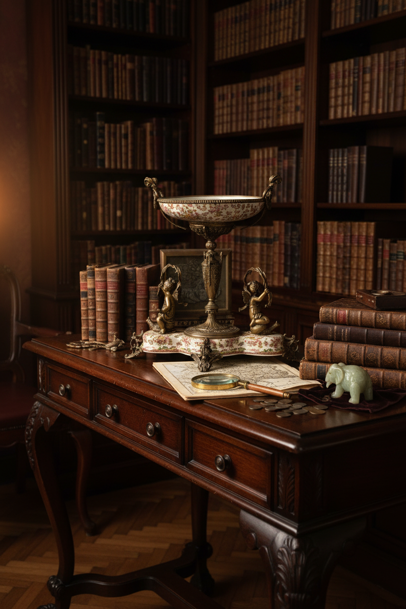 Wong Lee bronze porcelain centrepiece on antique console in collector's study