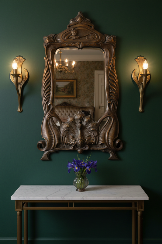 Art Nouveau brass mirror with reflective glass on deep forest green wall